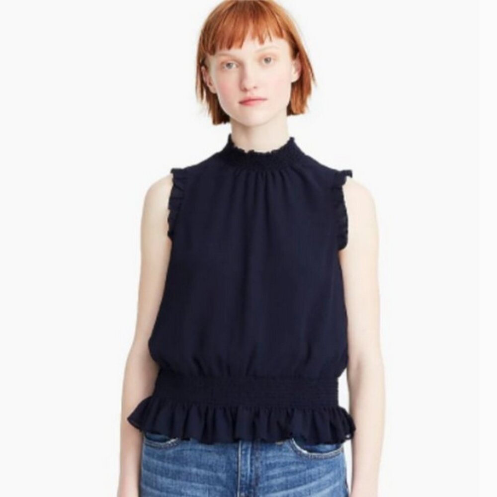 J. Crew Petite Mock Neck Smocked Top in Crinkle Chiffon NWOT